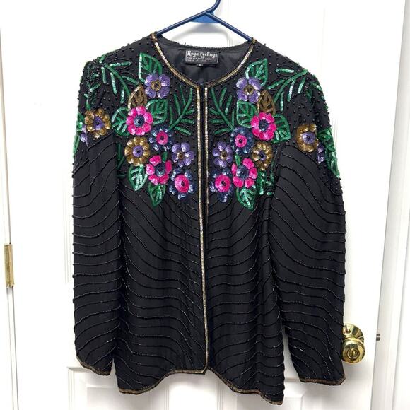 Royal Feelings Semi Sheer Black Cardigan, Sequin Flowers, Silk and Rayon, Size M - Picture 1 of 8